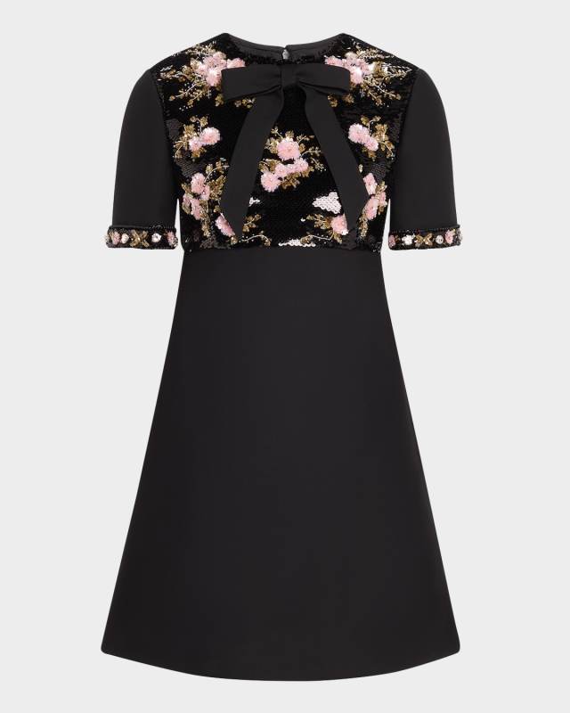 Floral Sequined Bow-Neck Mini Dress
